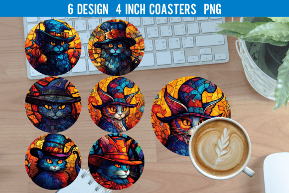 Cat Stained Glass Round Coaster Sublimat