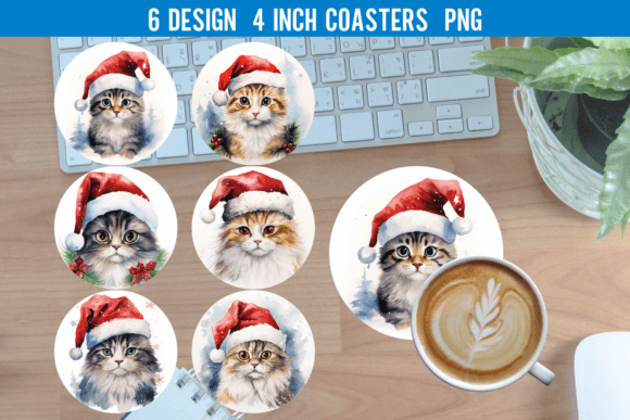 Santa Cat Round Coaster Sublimation PNG
