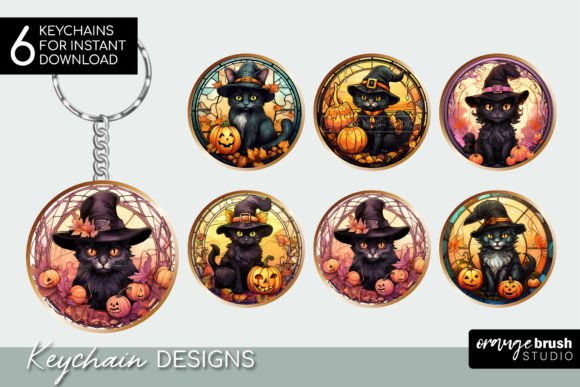Stained Glass Black Cat Keychain PNG